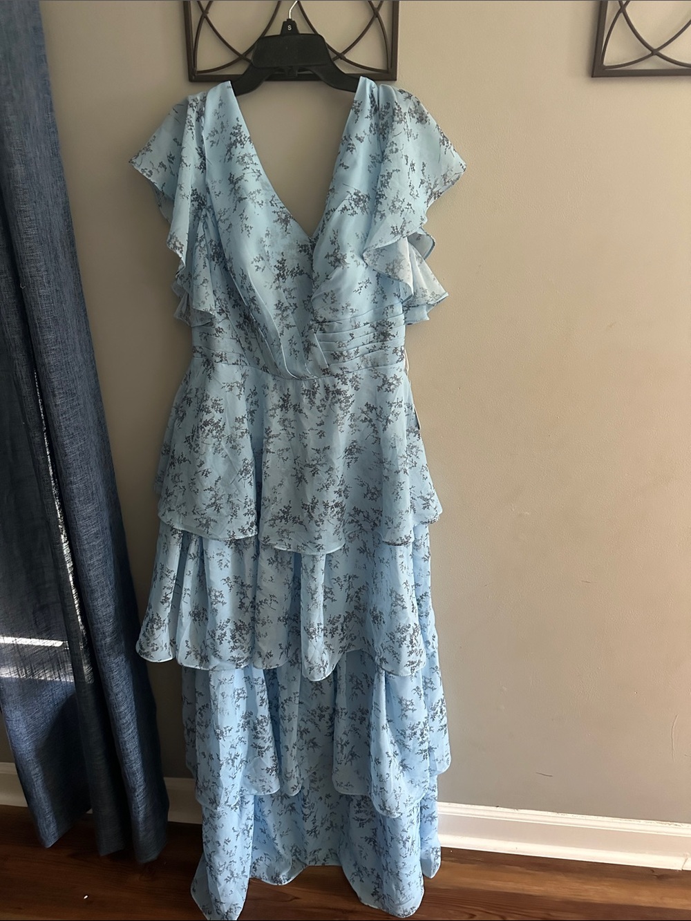 Light Blue Floral Tiered Maxi Dress - V-Neck Ruffle Sleeves - NWT